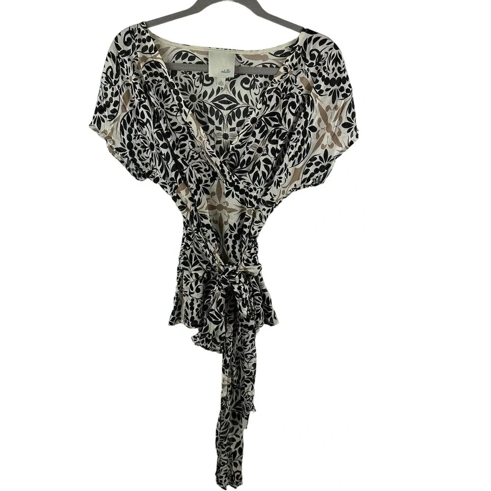 ODILE Anthropologie Sz 2 Blouse Top Black Beige Floral Front Tie Workwear Shirt - Picture 5 of 8